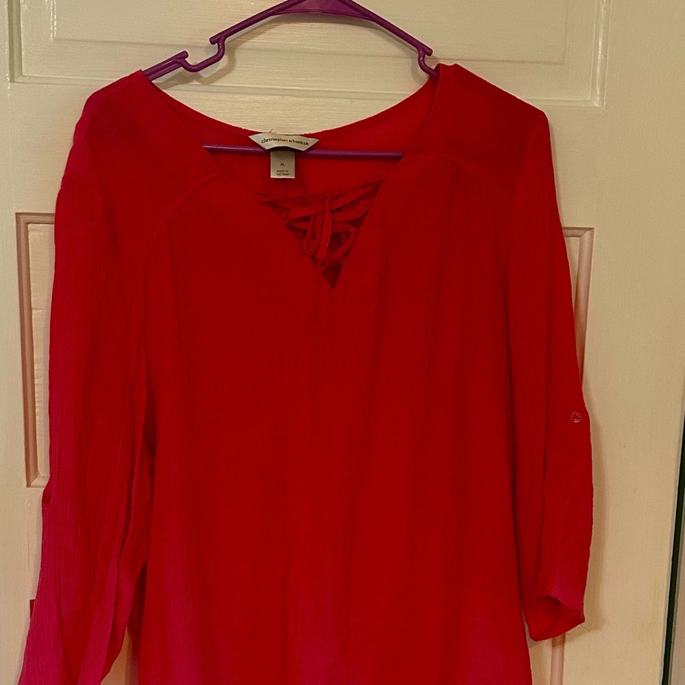 Christopher & Banks Red Tie Front 3/4 Sleeve Blouse